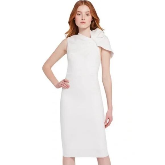 Alice + Olivia Kiro Ruffle-Shoulder Midi Sheath Dress in Bright White Size 4 - Picture 1 of 13